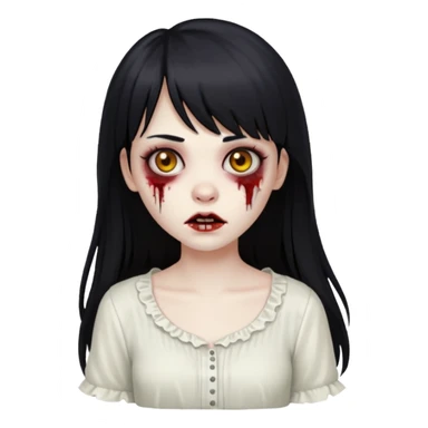 Um emoji de uma menina zombie de blusa branca num fundo preto de cabelo longo e preto e franjinha sticker