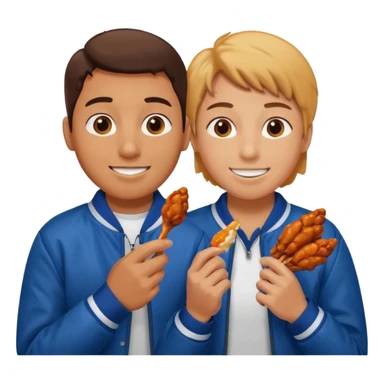 Human eating a chicken wing while watching hockey wearing a jacket with his friend smiling beside him. sticker