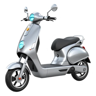 A futuristic electric scooter emoji made of silver chrome, sleek minimal frame, smooth metallic surface, subtle reflections, modern urban design, iOS emoji style, centered, clean white background sticker