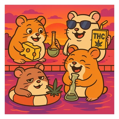 Add a bold sunset background with bright orange, pink, and purple colors behind the pool party scene. Maintain the flat toon style with a nostalgic, fun, and inviting summer party vibe, including THC/weed/cheese theme elements. sticker