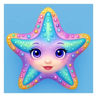 Add a soft blue background behind the apple emoji style rainbow pastel sea star with gems, keep the emoji style and all details. The style should resemble the original apple emoji style with rainbow pastel colors and gem details. sticker