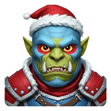 Fantasy Christmas orc legion soldier icon, iron tundra army theme, heavy winter armor, disciplined brutal look, dark icy steel armor with bold crimson cloth and markings, cold blue shadows, high contrast, clean emoji portrait style
 sticker