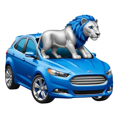 Stylized Ford car emoji with Detroit Lions branding, blue and silver paint, lion mascot on the side, energetic and dynamic look sticker