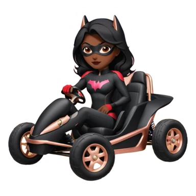 Hot full size real size-appearance electric racing action sexy BatWoman’s feminine midnight-colored tight outfit sixty’s tv show 1992 dark stealthy sporty safe plush petite off-road pursuit cruiser car rose gold accents (black hair,reclined and relaxed torso and shoulders seating position) go kart  sticker