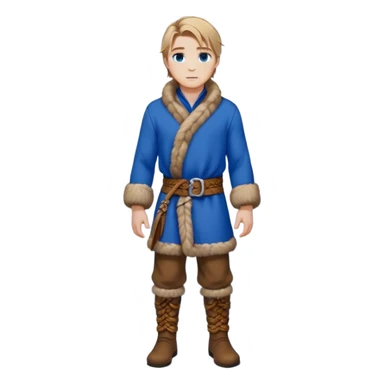 Medieval winter outfit worn by a DnD themed fantasy male character. Double-thick russet wool tunic with mink fur trim, featuring carved wooden toggles and a wide braided leather belt. Clothes only above the waist, full waist coverage. The character has no arms. Character is white-skinned with dark blonde hair, sapphire blue eyes, and medium-length straight hair touched by winter frost. sticker