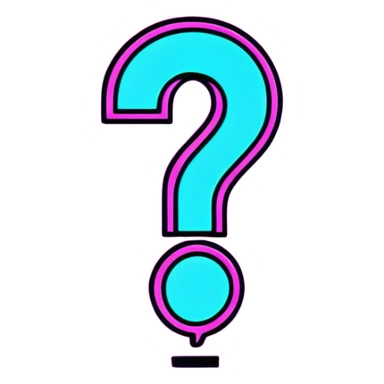 three-dimensional question mark with neon glow effect, blue and purple neon glow on top left, pink neon glow on bottom right sticker