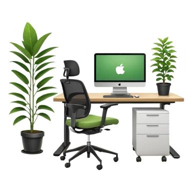 An ergonomic office setup with a height-adjustable desk and a large flat monitor on top. Next to it, a modern ergonomic swivel chair with supportive backrest, and a small potted plant placed on the desk or floor to add a healthy touch sticker