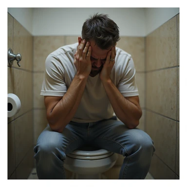 realistic hyper-detailed 4K image of a man in bathroom sitting on toilet, face contracted in pain, sweating, casual clothes, realistic environment sticker