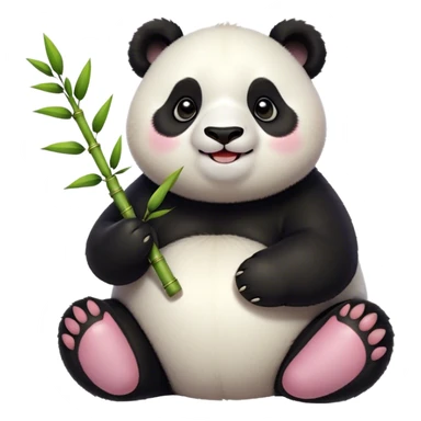 Cinematic smiling chubby panda, fluffy black and white fur, round rosy cheeks, tiny paws holding a bamboo shoot, sparkling eyes full of joy, soft glowing background, irresistibly huggable. sticker