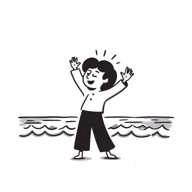 Whimsical character dancing with arms up on beach, sunshine highlighting their silhouette, playful tralalala mood, ocean waves sticker