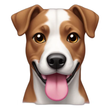 Dog, pit mix, black face with pink nose spots, brown eyes, white spot on top of snout, pink tongue, white chest sticker