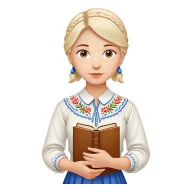 Young Ukrainian librarian wearing a traditional white embroidered vyshyvanka shirt holding books sticker