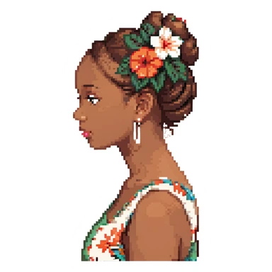 black girl side profile, brown hair in a bun, Hawaiian flower in hair sticker