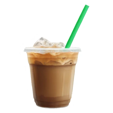 Caramel iced coffee in a clear cup with green straw sticker