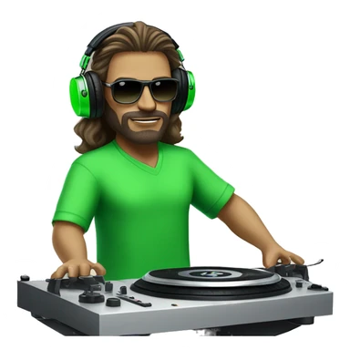 tall dj white man with long luscious hair, shades, headphones and an electric green shirt on that says “365”, on a mixer turntable sticker