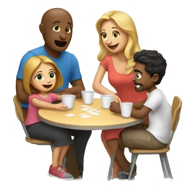 An emoji of a family—mother, father, and child—sitting at a table, playing a cup game with paper cups arranged on the table as they have fun together sticker