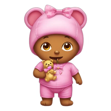 i need a FULLY PINK crocodile emoji with a baby pacifier in his mouth and a bow on his head. he also holds a teddy bear in his paws sticker