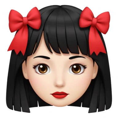 emoji feminino branca com cabelo longo, preto, liso e com franja. olhos castanhos. no rosto maquiagem com blush, cílios, delineador e batom vermelho. usando uma blusa preta com alças finas e um laço branco de cada lado sticker
