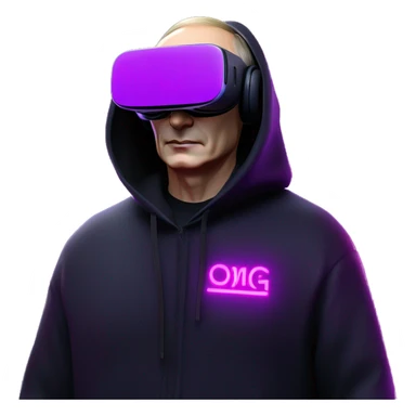Vladimir Putin wearing a black hoodie with "OMG" letters on it and VR headset oculus quest 2 in a cyberpunk VR environment with violet neon lighting. sticker