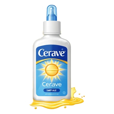 White CeraVe pump bottle with blue label and bright yellow  glow badge. Floating in golden morning light, encircled by radiant sunbeams and shimmering protective particles. Shield Glossy, potion-like, symbolizing daily moisture and powerful sun defense. sticker