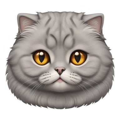 Cinematic-Fluffy-Grey-Scottish-Fold-Cat-Portrait-Emoji – Head tilted cutely with big, sparkling amber eyes, soft solid grey fur, and signature small folded ears pressed gently against its round head, simplified yet irresistibly adorable features, highly detailed, glowing with a soft and warm charm. sticker