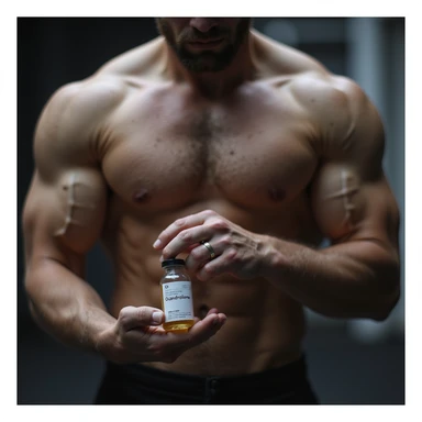 realistic photo of a crossfit athlete holding a vial labeled 'Oxandrolone', tense muscles, bright light, modern gym background sticker