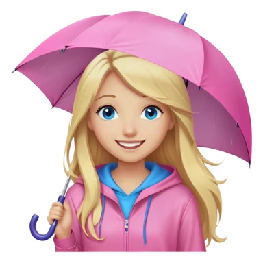 Cinematic realistic emojis in the form of a blonde girl with a joyful smile, long hair, blue eyes, wearing a pink hoodie, holding an umbrella over her from the rain sticker