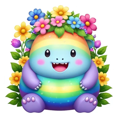 Kawaii derpy fat rainbow monster surrounded by magical flowers, rich textures, visually rich, so lifelike that it feels like it could leap off the page at any moment sticker