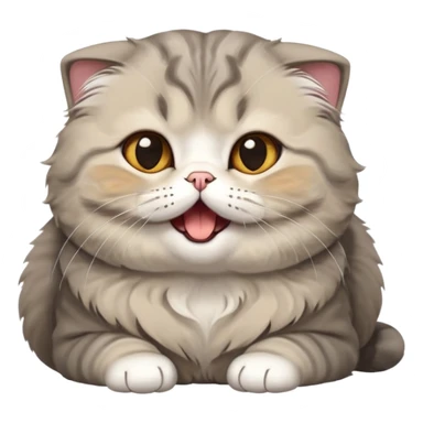 Cinematic-Adorable-Scottish-Fold-Cat-Portrait-Emoji – Big-eyed, fluffy Scottish Fold cat with a playful head tilt and a cute yawn, plush solid-grey fur, signature small folded ears enhancing its round face, simplified yet irresistibly cute features, expressive amber eyes filled with quiet curiosity, highly detailed with a gentle glow. sticker