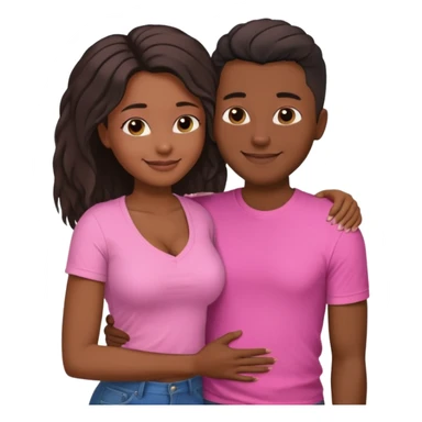 Black lesbian couple with one dark skin masculine with short hair low cut fade with a t shirt with breasts and one feminine with very long hair in a pink blouse hugging  sticker