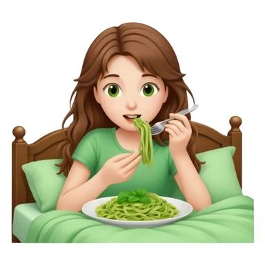 Brown haired girl eating green pasta in bed sticker