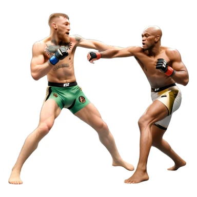 An MMA showdown between Conor McGregor and Anderson Silva in the octagon. McGregor is executing a jumping strike, while Silva skillfully deflects the attack. The background shows the UFC octagon with roaring fans and vibrant energy. Transparent background. sticker