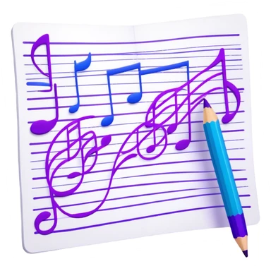 Create a creative and inspiring emoji that represents music track writing. The design should feature a music composition sheet with musical notes, a digital audio workstation (DAW) interface or soundwaves, and a pencil or pen to symbolize the writing process. Add a touch of technology with subtle elements like sound mixing sliders or waveform graphics. Use a blend of vibrant and inspiring colors, such as electric blue or neon purple, to evoke a sense of creativity and innovation. The background should be transparent. sticker