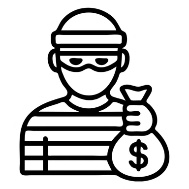 simple icon style robber in classic black and white stripes, holding a sack of money sticker
