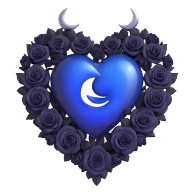 3D emoji gothic heart, midnight blue glass, silver crescent moon, tiny black roses, mysterious and rich sticker