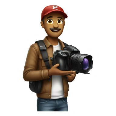Photographer with camera in with baseball hat and  sticker