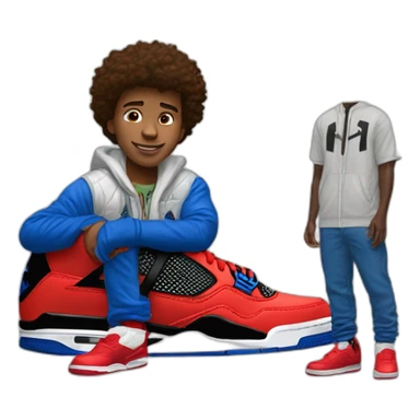 Boy waring spider man jacket and waring white jordan 4 sticker