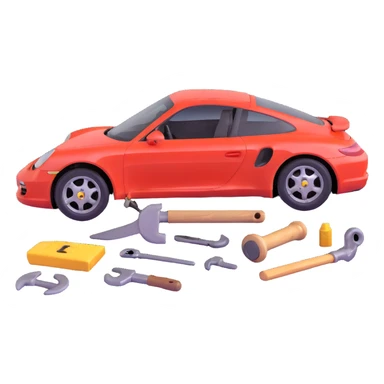 icon of a Porsche luxury car with a clearly visible dent or damage on the bodywork, with bodywork reconstruction tools like a lever, small hammer, and repair equipment positioned to show active repair, elegant and modern sticker