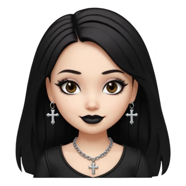 generate a pretty bratz girl in black goth top, black lipstick, black eyeliner, dark brown eyes. Dark brown hair straight long. wearing a silver cross necklace sticker