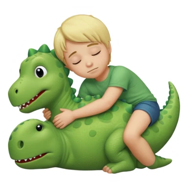 Blond boy sleeping with green pillow with dinosaur sticker