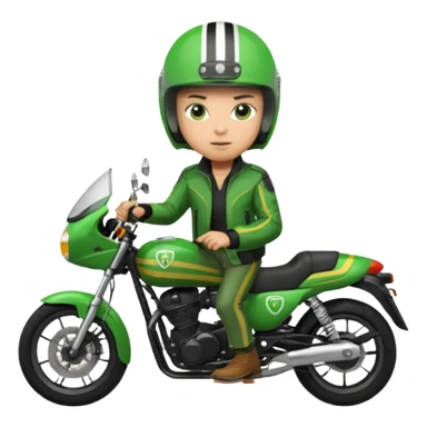 ojek online driver, using motorbike, the helmet is green. green jacket, not green motorbike (maybe a black jacket with green stripes just a little) then please make the driver not looking at "camera",  sticker