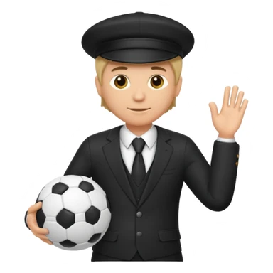 Director tecnico de futbol, con un traje negro, gorra y un balon de futbol bajo el brazo sticker