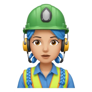 surprised construction worker blue braided haired woman wearing green helmet and headphones sticker