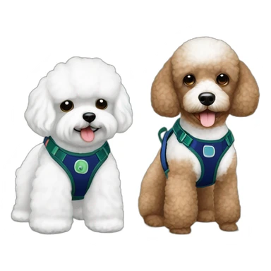 Brown toy poodle with teddy bear haircut wearing dark blue harness and all white Maltese wearing dark green harness sticker