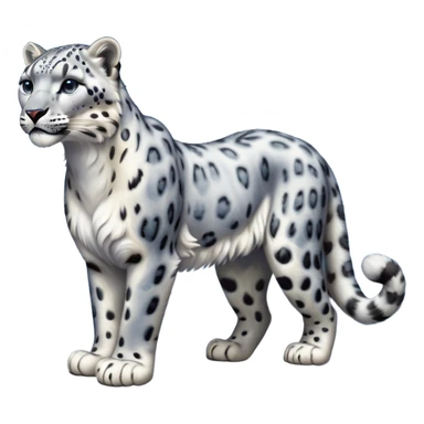 Cinematic-Snow-Leopard-Realistic-Full-Body-Standing-Emoji – Tail curled gracefully, head tilted dramatically, dense spotted fur shimmering in the cold mountain air, powerful yet elegant frame, simplified yet realistic focused features, highly detailed, glowing with an almost sarcastic glow. sticker