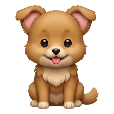 Cute small brown fluffy dog emoji icon. Round face, short muzzle, light brown fur with slightly darker ears, small black nose, happy smiling expression with tongue out. Soft friendly eyes, sitting pose with front paws together. Simple clean vector style, minimal details, kawaii style. sticker