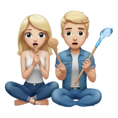 blond woman sitting on her knees with wide eyes, another man in jeans is staying (not sitting) on her left, she's holding a wide skin-colored stick with a D-shaped knob, the stick and the nob have skin texture, water squirting from the knob into her mouth, shocked face sticker