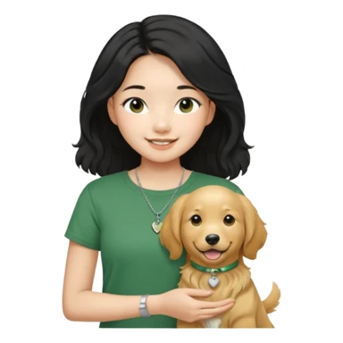 An asian girl wearing a tender green round-neck T-shirt, a thin silver necklace , long black and straight centre part hairstyle, slightly curly hair, smiling, holding a golden retriever sticker