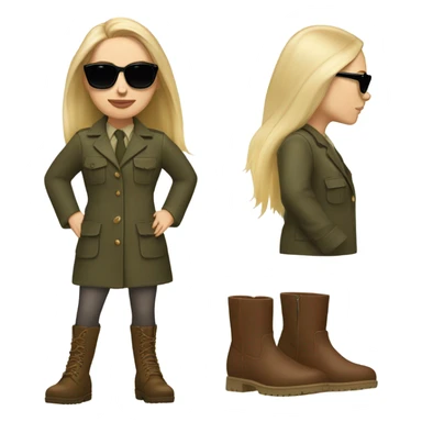 Realistic White woman with Long straight blonde hair and round sunglasses, camouflage Wool oversize blazer, mini dress and Brown leather boots  sticker