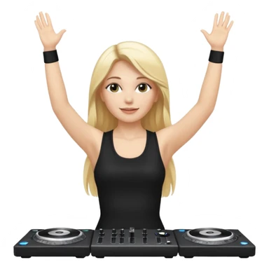I want a white female dj animated gif emoji with long straight centre parting blonde hair putting hands up in the air. Wearing a black tight top with no sleeve sticker